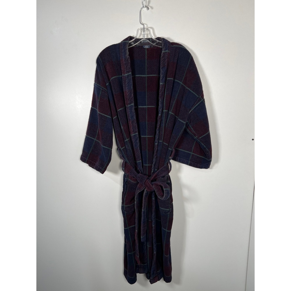 Vintage GANT Terrycloth Plaid Robe Navy Blue Cotton Pockets One Size Loungewear